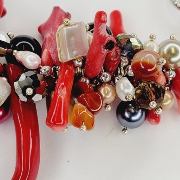 Red Coral Beads Bracelet with Pearls and multicolored Round Beads - Picture 9 of 11